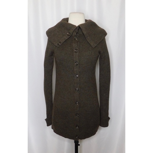 VINCE Alpaca Merino Wool High Shawl Collar Brown Ribbed Cardigan Sweater Small - Picture 1 of 11